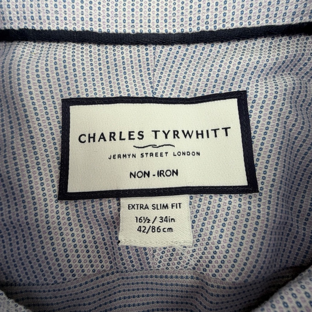 Charles Tyrwhitt Dress Shirt Mens 16.5 34 Blue Pink Dots Extra Slim Fit Non Iron - Picture 3 of 7